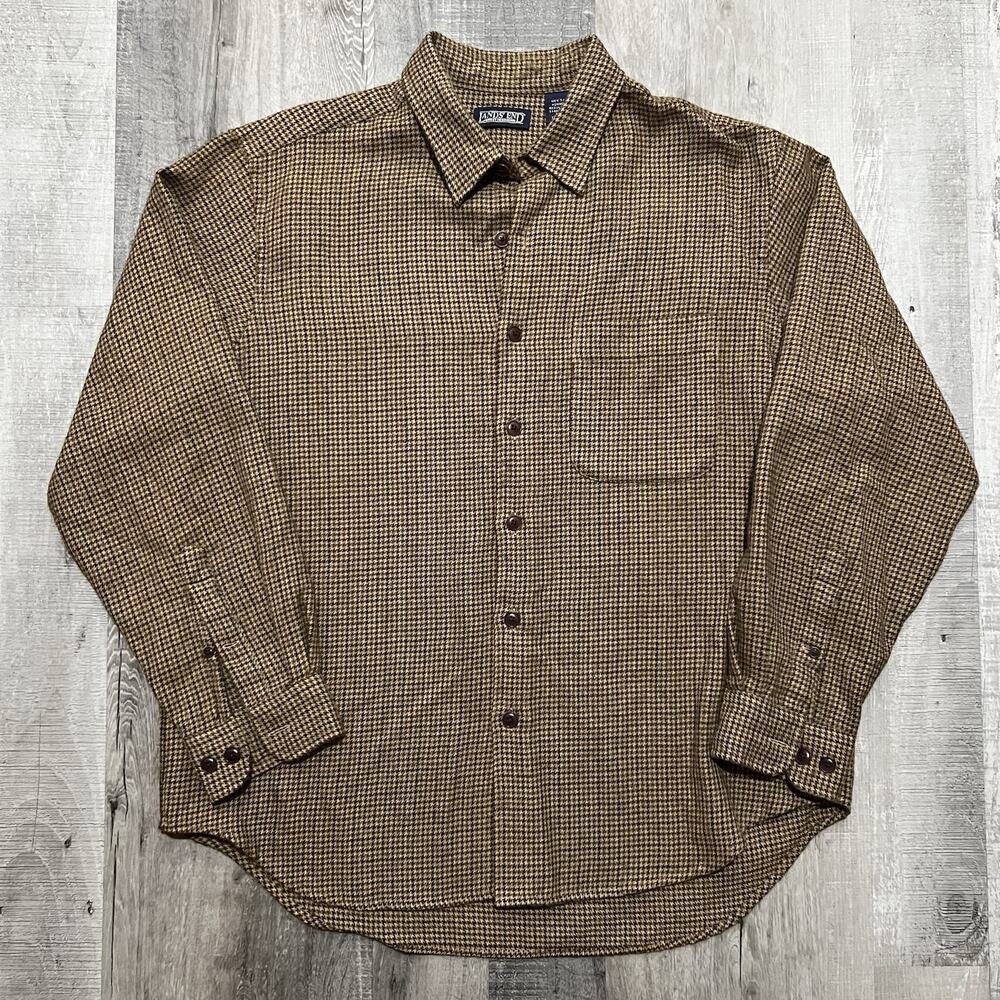 VTG 80s 90s Lands End Alpaca Wool Brown Houndstooth Mens XL Button Shirt